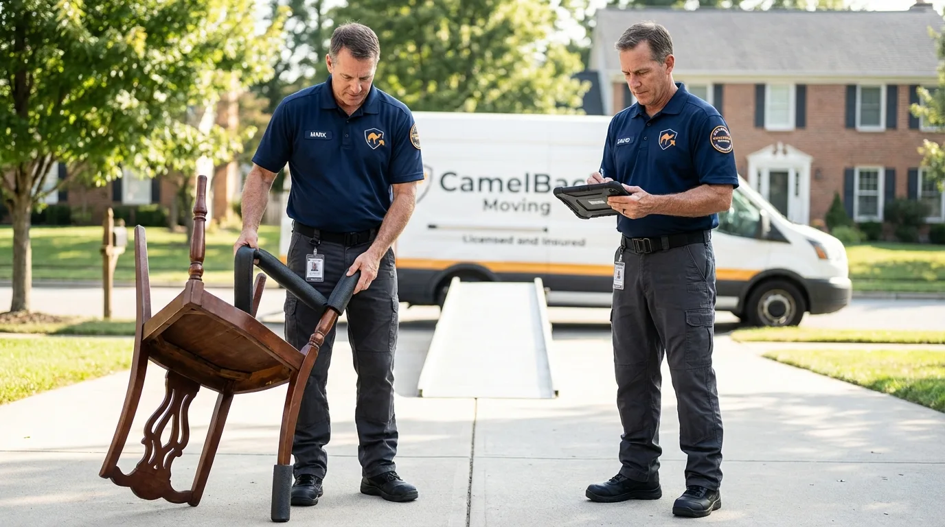 Movers inspecting furniture for damage prevention before loading in Milford, NE
