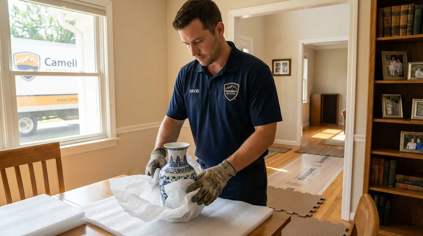 Professional crew carefully wrapping antique vase for senior downsizing move in Milford, NE